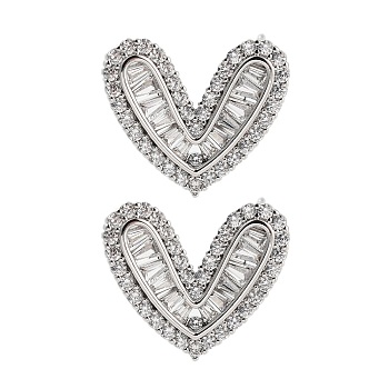 Rack Plating Heart Brass Stud Earrings, with Clear Cubic Zirconia, Cadmium Free & Lead Free, Long-Lasting Plated, Platinum, 19x16mm