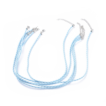 Trendy Braided Imitation Leather Necklace Making, with Iron End Chains and Lobster Claw Clasps, Platinum Metal Color, Light Sky Blue, 16.9 inchx3mm