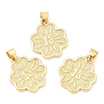Rack Plating Brass Pendants, Long-Lasting Plated, Lead Free & Cadmium Free, Flower with Number 13 Charm, Real 18K Gold Plated, 18x15.5x1.5mm, Hole: 4x3.5mm