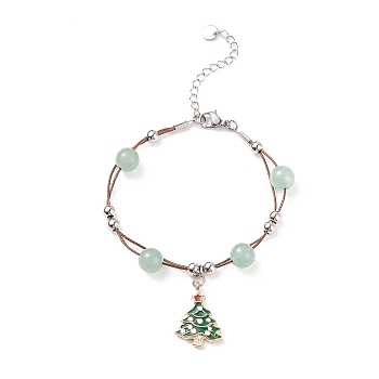 Christmas Tree Enamel Charm Bracelet with Natural Green Aventurine Beaded, Gemstone Jewelry for Women, Green, 7-3/8 inch(18.7cm)