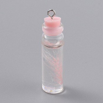 Transparent Glass Bottle Pendant Decorations, with Feather Inside and Plastic Stopper, Pink, 41x11mm, Hole: 2mm