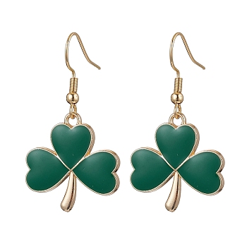 Alloy Enamel Dangle Earrings, with 304 Stainless Steel Earring Hooks, Clover, Green, 39x22mm