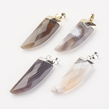 Natural Striped Agate/Banded Agate Pendants, with Brass Findings, Dagger, Faceted, Mixed Color, 34~35x10~11x4.5~5.5mm, Hole: 4x6mm