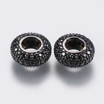Brass Micro Pave Cubic Zirconia Beads, Rondelle, Black, Gunmetal, 11.5x5mm, Hole: 5mm