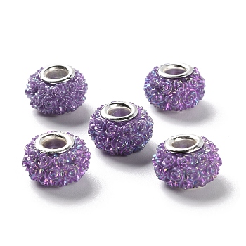 AB Color Resin Rose Flower European Beads, Rondelle Large Hole Beads, with Platinum Tone Alloy Double Cores, Dark Violet, 14x9mm, Hole: 5mm