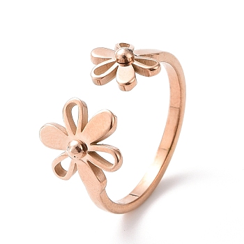 Ion Plating(IP) 304 Stainless Steel Flower Open Cuff Ring for Women, Rose Gold, US Size 6~9 1/4(16.5~19.1mm)