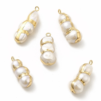 Baroque Natural Keshi Pearl Pendants, Gourd Charms, with Brass Loops, Light Gold, 24~30x9~11x8~11mm, Hole: 1.6mm