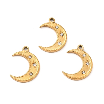 Ion Plating(IP) 304 Stainless Steel Pendants, with Crystal Rhinestone, Crescent Moon Charms, Golden, 18x13.5x2mm, Hole: 1.2mm
