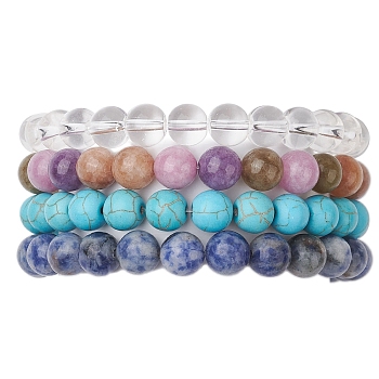 4Pcs Constellation 8mm Round Natural White Jade & Blue Spot Jasper, Synthetic Quartz Crystal & Turquoise Beaded Stretch Bracelets for Women, Aquarius, Inner Diameter: 2-1/4 inch(5.8cm)