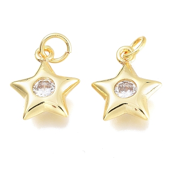 Brass Micro Pave Cubic Zirconia Charms, with Jump Ring, Stars, Golden, Clear, 10.5x8.5x2.5mm, Hole: 1.5mm, Jump rings: 3.5x0.8mm