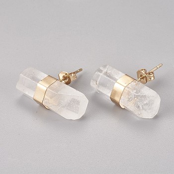 Natural Quartz Crystal Stud Earrings, with Brass Findings, Pillar, Golden, 7~8x21~22mm, Pin: 0.8mm