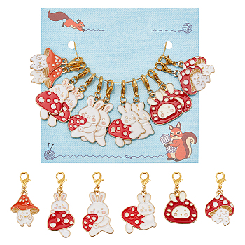 Mushroom & Rabbit Pendant Stitch Markers, Alloy Enamel Crochet Lobster Clasp Charms, Locking Stitch Marker with Wine Glass Charm Ring, Mixed Color, 3.5~4cm, 6 style, 2pcs/style, 12pcs/set