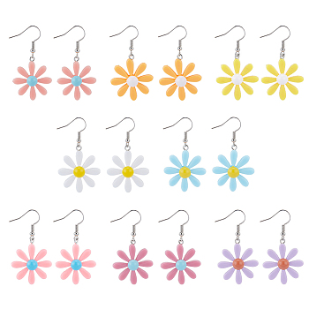 8 Pairs 8 Colors Daisy Flower Resin Dangle Earrings, Platinum Iron Drop Earrings for Women, Mixed Color, 49.5mm, Pin: 0.7mm, 1 Pair/color