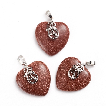 Synthetic Goldstone Pendants, with Platinum Tone Brass Ice Pick Pinch Bails, Heart, 35~36x30~31x9mm, Hole: 7~8x5mm