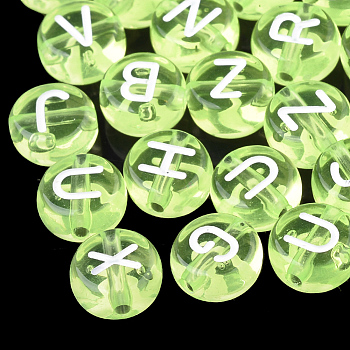 Transparent Acrylic Beads, Horizontal Hole, Mixed Letters, Flat Round, Lawn Green, 7x4mm, Hole: 1.5mm