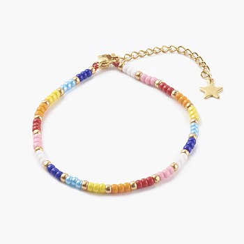Glass Seed Beaded Bracelets, with 304 Stainless Steel Lobster Claw Clasps, Golden, Colorful, 7-1/8 inch(18cm)