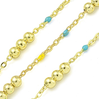 Brass Enamel Round Beaded Link Chain, Soldered, with Spool, Long-Lasting Plated, Cadmium Free & Lead Free, Real 18K Gold Plated, Colorful, 12x3.5mm