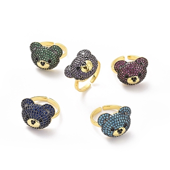 Cubic Zirconia Bear Open Cuff Rings, Golden Alloy Jewelry for Women, Mixed Color, Inner Diameter: 17mm