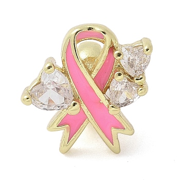 Brass Micro Pave Cubic Zirconia Pendants, Pink Awareness Ribbon Charms, with Enamel, Rack Plating, Long-Lasting Plated, Lead Free & Cadmium Free, Real 18K Gold Plated, Bowknot, 13x13x9.5mm, Hole: 5mm