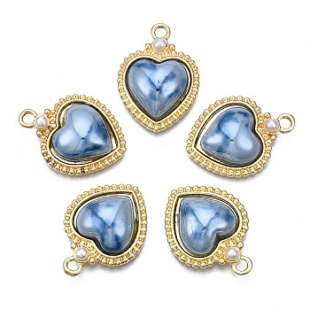Rack Plating Alloy Pendants, with Porcelain and ABS Plastic Imitation Pearl, Long-Lasting Plated, Golden, Cadmium Free & Lead Free, Heart, Blue, 16x22x6mm, Hole: 2mm