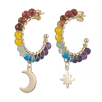 Moon & Star Chakra Faceted Round Gemstone Dangle Half Hoop Earrings, Asymmetrical Stud Earrings, Brass Jewelry for Women, Golden, 45~47.5x10.5~11mm