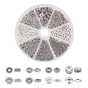 320Pcs 8 Style Tibetan Style Alloy Beads, Flat Round & Donut & Rondelle, Antique Silver, 6~7.5x1~4mm, Hole: 1~2mm, 40pcs/style