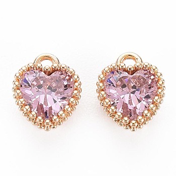 Brass Micro Pave Cubic Zirconia Charms, Nickel Free, Real 18K Gold Plated, Faceted Heart, Pink, 8x6x3.5mm, Hole: 1mm