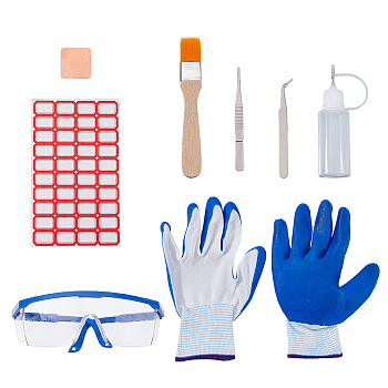 Mineral Identification Tool Sets, including Plastic Goggles, Copper Pad Shims, PE Glue Bottles, Nylon Gloves, Waterproof Sticker Labels, Stainless Steel Tweezers, Bristle Paint Brush, Mixed Color