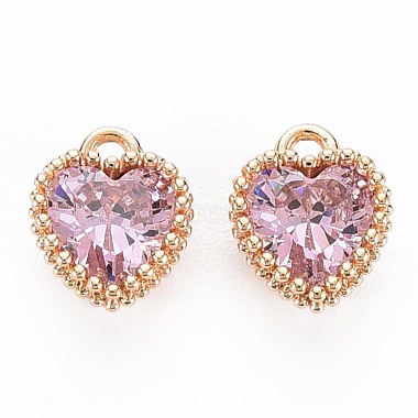 Real 18K Gold Plated Pink Heart Brass+Cubic Zirconia Charms