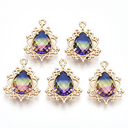 Brass Pendants, Three-colour, with Faceted Glass, Teardrop, Golden, Colorful, 25.5x19x6mm, Hole: 1.6mm(GLAA-R212-03F)