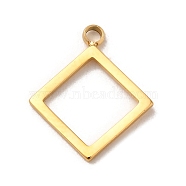 304 Stainless Steel Pendants,  Hollow Rhombus Charm, Real 14K Gold Plated, 15.5x13x1mm, Hole: 1.5mm(STAS-L022-291G)
