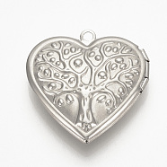 304 Stainless Steel Locket Pendants, Photo Frame Charms, Heart with Tree, Stainless Steel Color, 29x29x7mm, Hole: 2mm, inner measure: 17x21mm(STAS-S076-36)