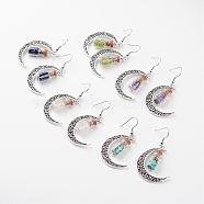 Glass Bottle with Natural & Synthetic Mixed Stone Inside Dangle Earrings, with Moon Alloy Findings and 304 Stainless Steel Pins, 58mm, Pin: 0.6mm(EJEW-JE02052)