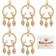Beebeecraft Rack Plating Brass Micro Pave Clear Cubic Zirconia Pendants, with Jump Rings, Ring & Heart & Moon & Palm & Horse Eye, Real 18K Gold Plated, 32x18.5x2mm, Hole: 3.2mm, 5pcs/box(ZIRC-BBC0001-23)