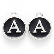 Platinum Plated Alloy Charms, Cadmium Free & Lead Free, with Enamel, Enamelled Sequins, Flat Round with Letter, Letter.A, 14x12x2mm, Hole: 1.5mm(X-ENAM-S118-02A-P)