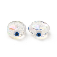 Transparent Glass Beads, with Enamel, Faceted, Rondelle with Evil Eye Pattern, White, 10x7.5mm, Hole: 1.5mm(GLAA-F121-05D)