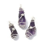 Natural Amethyst Pendants, Silver Color Plated Copper Wire Wrapped Nuggets Charms with Star, Silver Color Plated, 23~46x10~17x8~13mm, Hole: 4mm(PALLOY-JF02086-03)
