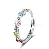 Adjustable Brass Micro Pave Cubic Zirconia Finger Rings for Women, Flower, Platinum, US Size 8(18.1mm)(PW-WG0F96B-01)