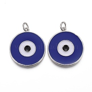 Brass Enamel Pendants, with Jump Rings, Long-Lasting Plated, Flat Round with Midnight Blue Evil Eye, Real Platinum Plated, 22.5x20x2~2.5mm, Hole: 3mm(KK-F821-48B-P)