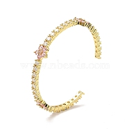 Cubic Zirconia Flower Open Cuff Bangles, Real 18K Gold Plated Brass Jewelry for Women, Misty Rose, Inner Diameter: 2-1/4 inch(5.7cm)(BJEW-P281-01G-04)