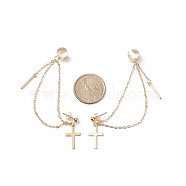 Brass Hanging Chain Dangle Stud Earrings with Ear Cuff, 304 Stainless Steel Cross Drop Earrings for Women, Golden, 80mm, Pin: 0.8mm(EJEW-TA00148)