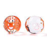 Transparent Handmade Lampwork Beads, Round with Crab Pattern, Coral, 11.5x12x12.5mm, Hole: 1.2~1.6mm(LAMP-T011-32A)