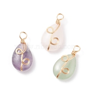 Natural Mixed Stone Pendants, Twisted with Golden Tone Copper Wire, Teardrop, 25x13x7mm, Hole: 3.9mm(PALLOY-JF01621)