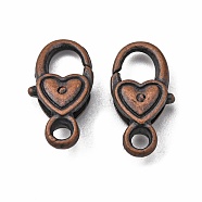 Tibetan Style Alloy Lobster Claw Clasps, Heart, Cadmium Free & Nickel Free & Lead Free, Red Copper, 17x9x5mm, Hole: 2mm(TIBE-T002-20R-NR)