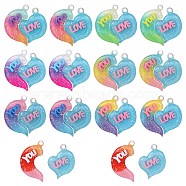 21 Sets 7 Colors Gradient Color Opaque Resin Pendants, with Glitter Powder, Couple Heart Charm with Word LOVE YOU, Mixed Color, 39x38.5x5.5mm, Hole: 3.5mm, 3 sets/color(RESI-SZ0001-90)