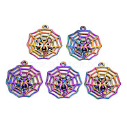 Rainbow Color Alloy Pendants, Cadmium Free & Nickel Free & Lead Free, for Halloween, Spider & Web, 29.5x27x3mm, Hole: 2mm(PALLOY-S180-279-NR)