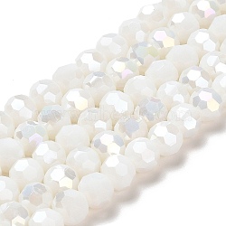 Opaque Glass Beads Stands, AB Color, Faceted(32 Facets), Round, White, 8x7~7.5mm, Hole: 1.5mm, about 66pcs/strand, 18.82~19.06 inch(47.8~48.4cm)(EGLA-A035-P8mm-B01)