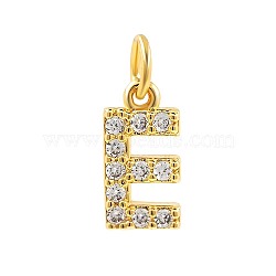 Brass Cubic Zirconia Pendants with Jump Rings, Real 18K Gold Plated, Letter E, 15x8.4x2.2mm, Hole: 2.8mm(FIND-PW0024-09E)