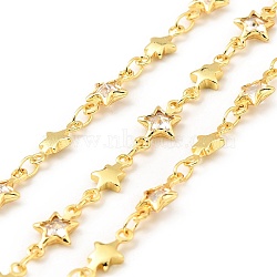 Handmade Brass Star Link Chains, with Clear Cubic Zirconia, Lead Free & Cadmium Free, Soldered, with Spool, Real 18K Gold Plated, 10x4x1.5mm, 10x5.5x2mm(CHC-G017-18G)