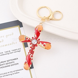 Cat Eye and Enamel Keychain, with Zinc Alloy Clasp and Rhinestone, Cross, Red, 15.6cm(PW-WG36406-01)